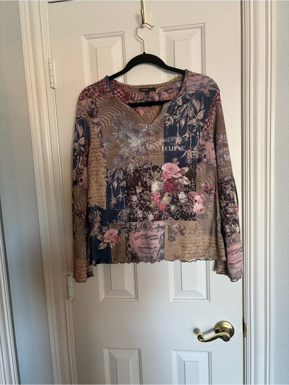 ONE WORLD Patchwork Floral Long-Sleeve Top in Pink and Navy
